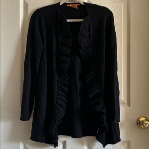 Tory Burch Womens Black Merino Wool Ruffled‎ Open Front Cardigan Size Medium